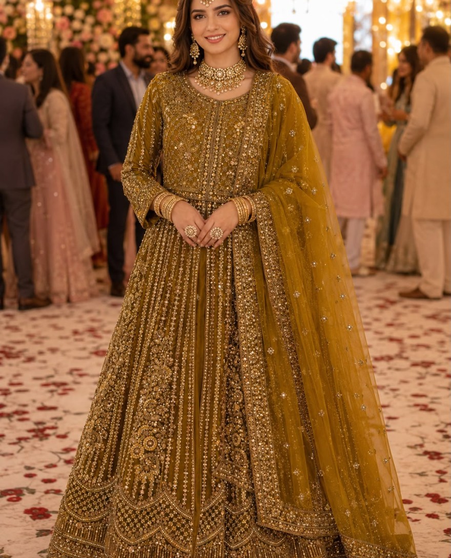 GREEN - Green Net Kurti Lehenga With Zari Work